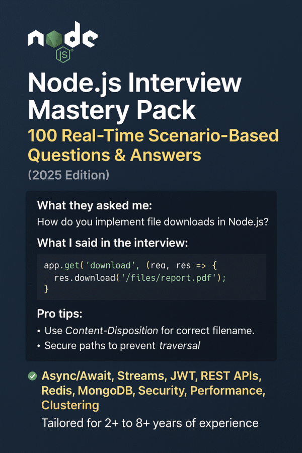 Node.js Interview Mastery Pack – 100 Real-Time Scenario-Based Questions & Answers (2025 Edition)